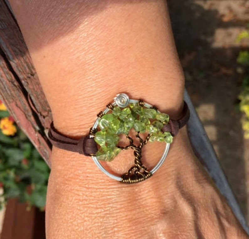 Tree of Life Bracelet in Leather,Peridot Tree of Life Bracelet Peridot Leather Bracelet, August Birthstone Tree of Life Bracelet image 1