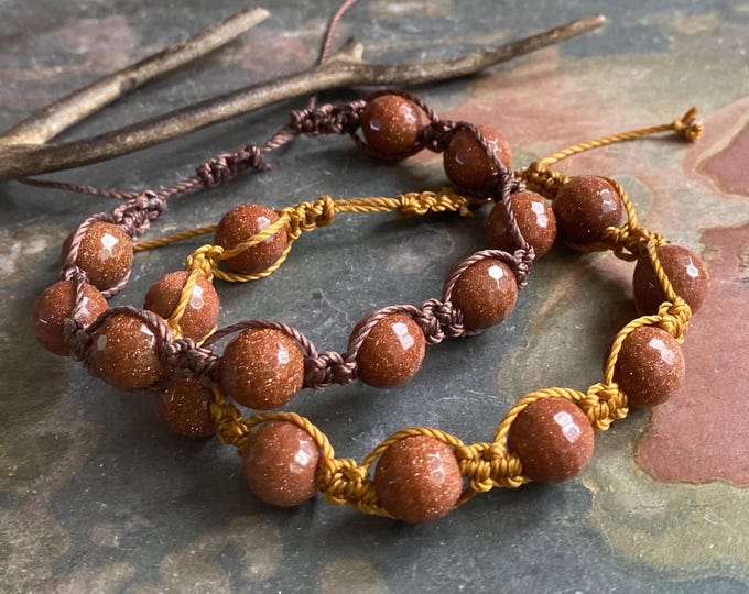 Macrame Goldstone Bracelet: Bohemian Brown Beaded Bracelet