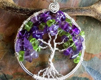 Amethyst Peridot Tree of Life Necklace: Sterling Silver Wire Wrapped Pendant