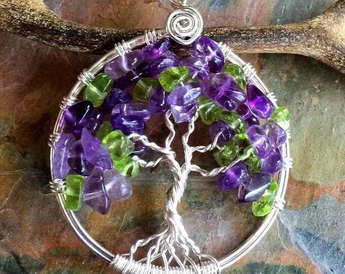 Hand crafted Tree of Life Necklace with Amethyst and Peridot in Sterling Silver, February and August Birthstone Tree of Life Necklace,
