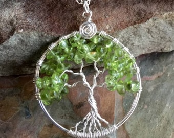 Peridot Tree of Life Pendant Necklace with Sterling Silver Chain -Wire Wrapped Peridot Gemstone Necklace- August Birthstone Pendant Necklace