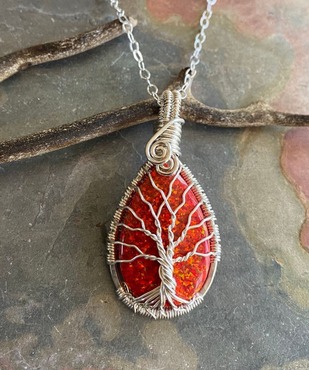 Red Opal Necklace,Opal Silver Pendant October Birthstone,Opal Tree of Life Necklace in Fine Silver Opal Gift for her,Opal Opal Necklace