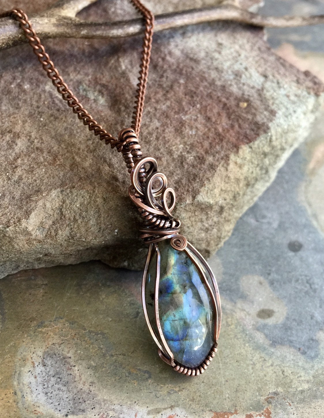 Wire Wrapped Labradorite Necklace in antique Copper,Blue Green Gold
