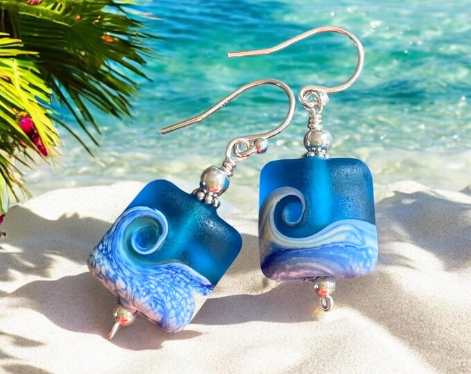 Ocean Beach Wave earrings, Teal Blue Beach Wave Earrings ,Ocean Wave Lampwork Jewlry, Beach Wave Jewelry, Blue Sea Glass Earrings