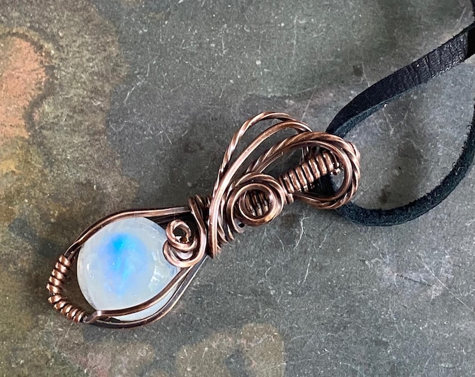 Blue flashing Moonstone Necklace, June Birthstone Necklace, Wire Wrapped Moonstone Necklace in antiqued  Copper, Rainbow Moonstone Necklace,