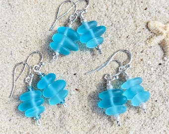 Aqua Sea Glass Earrings, Sterling Silver Beach Jewelry, Minimalist Dainty Design
