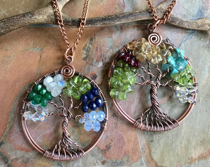 Personalized Family Tree of Life Necklace: Antiqued Copper & Birthstones