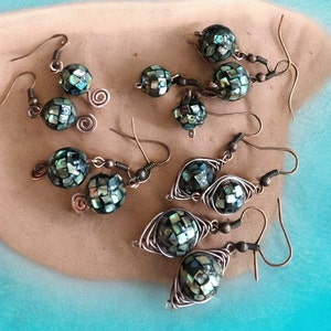Abalone Mosaic Copper Earrings: Iridescent Dangle Drop Earrings