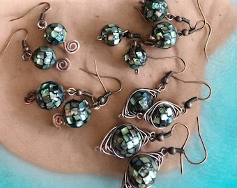 Abalone Earrings, Abalone Dangle/Drop Earrings in Copper,Abalone Mosaic Copper Earrings,Abalone Shell Earrings, Abalone Tree of Life Pendant