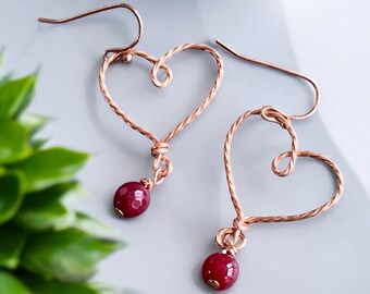 Ruby Heart Earrings in Copper Wire, Valentine Heart Earrings, Wired Heart Dangling Earrings, Gifts for Women, Jewelry for daughter & Wife