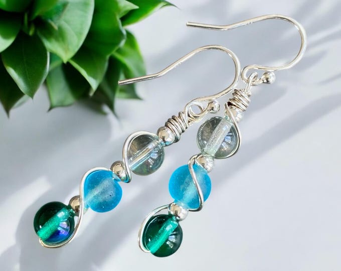 Wire wrapped Sea Glass Jewelry in Sterling Silver, Sea Glass Silver Earrings, Dangling Earrings ,Beach Weddings, Sea Glass  earrings