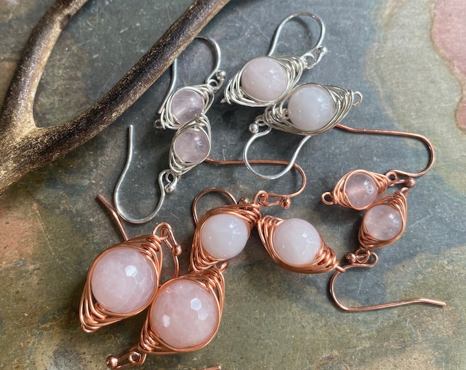 Wire Wrapped Rose Quartz Earrings, in Sterling Silver/copper Rose Quartz dangle Earrings, October Birthstone Earrings, Rose Quartz Jewelry,
