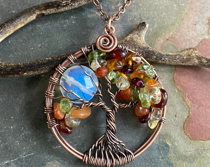 Autumn/Fall Opalite Full Moon Tree of Life Necklace in Antiqued Copper,Wire Wrapped Full Moon Tree of Life, Family Tree of Life Necklace,