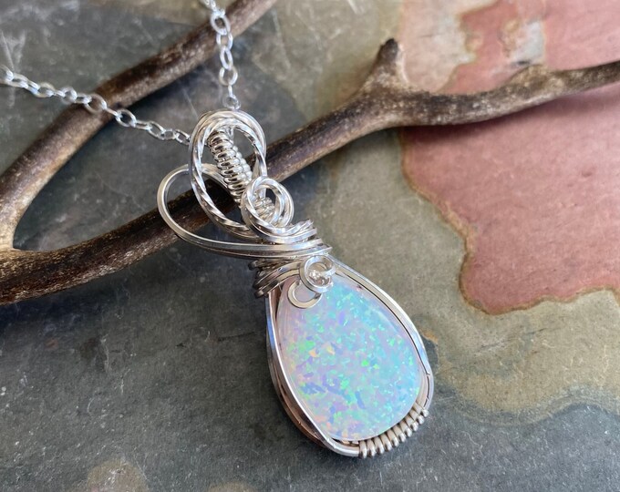 READY Ship in 1 to 2 days,White Opal Necklace STERLING SILVER October Opal Birthstone Necklace,Wire Wrapped Opal Necklace,Lab Created Opal
