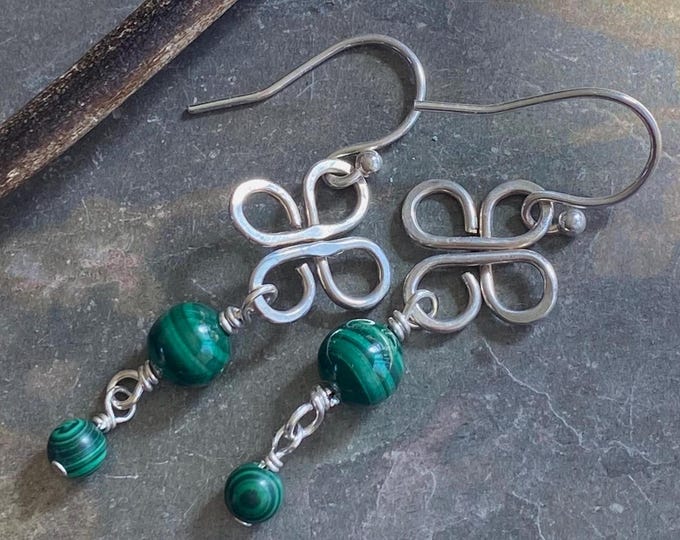 Malachite Earrings, Malachite Clover Earrings in Sterling Silver, St Patrick's Wire Wrapped Celtic Earrings, May Birthstone Green Earrings