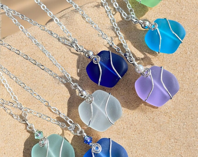 Beach Glass Necklace Beach Glass Necklace, Cultured Sea Glass Jewelry, Blue  Green, Periwinkle & White Sea Glass Necklace in Sterling Silver