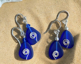 Blue Sea Glass Earrings, Cobalt Blue Sea Glass Earrings in STERLING SILVER, Beach Weddings, Beach Glass Jewelry, Cobalt Sea glass Earrings,
