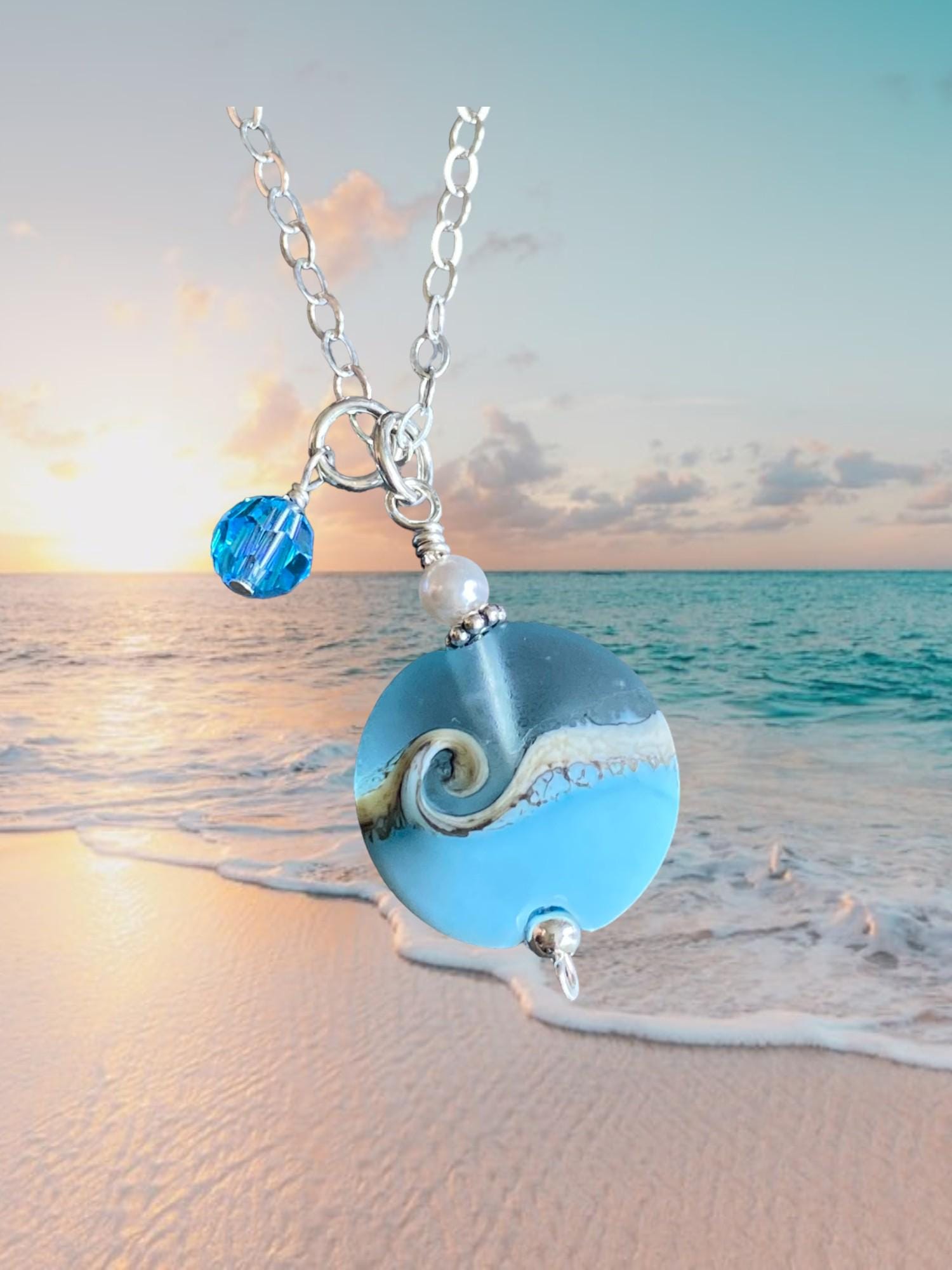 Beach Wave Necklace in .925 Sterling Silver Ocean Wave Necklace Blue Beach Wave Sea Glass Necklace Wave Lampwork Bead Pendant Necklace