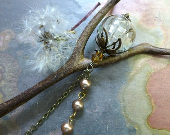 Dandelion Seed Necklace: Glass Orb, Bronze Pearl, Brass Chain
