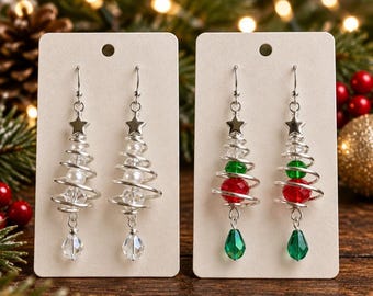 Handmade Wire Wrapped Christmas Tree Earrings in Sterling Silver Ear wire, Crystal Star Dangle,  Holiday Jewelry