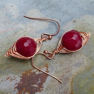Red Jade Earrings: Hand Wrapped Copper Herringbone Dangle