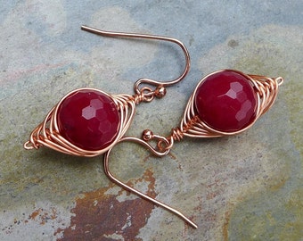 Red Jade Earrings: Hand Wrapped Copper Herringbone Dangle