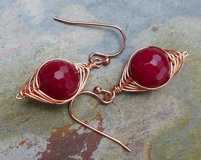 Jade Earrings in Copper, Wire Wrapped Earrings, Red Jade Herringbone Dangle Earrings in Copper, Red Jade Copper Earrings,