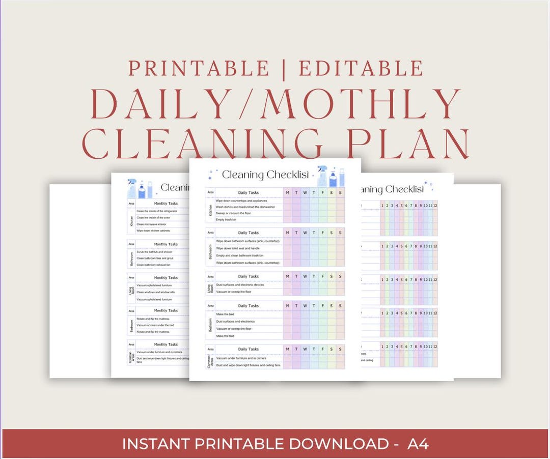 Editable Monthly and Daily Cleaning Checklist - Pdf - Etsy