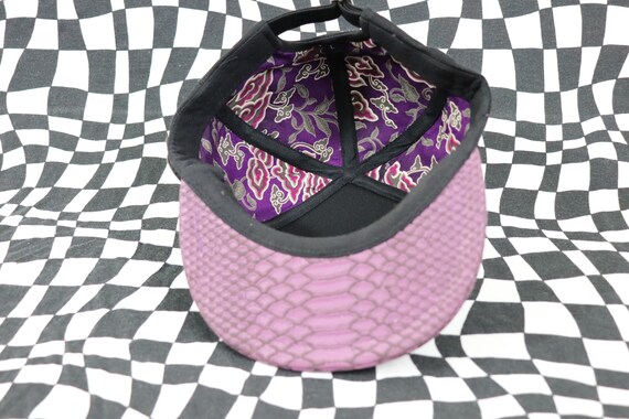 Purple Flat Brim 6 Panel Hat, Laser Cut Feather Design, Purple Hat, Large