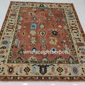 Hand-Knotted Oushak Rug: Muted Red Wool, Turkish Inspired 8x10