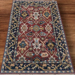 Hand-Knotted Oushak Wool Rug: Red & Navy Turkish Style, 4x6 to 12x15