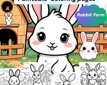 Rabbit Farm Coloring Pages for Kids – 10 Printable Cute Bunny Sheets – A4 PDF,PNG – Cute Bunny Art for Kids Coloring Book – Digital Download