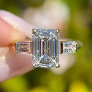 2 CT Emerald Cut Moissanite Ring Three Stone Engagement Ring 14K Gold Wedding Ring Promise Ring  Anniversary Ring Past Present Future Ring