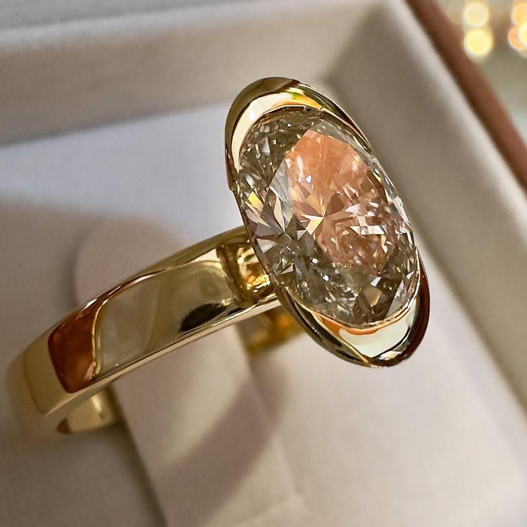 4 CT Modern Oval Moissanite Engagement Ring, 14K Yellow Gold Half Bezel ...
