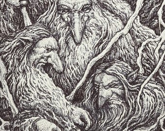 Peut inclure: Illustration détaillée en noir et blanc de plusieurs figures barbus avec de longs nez et des cheveux fluides. L'œuvre d'art a un style texturé à la plume et à l'encre, avec des détails complexes et un thème mystique.