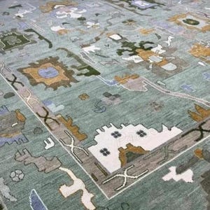 7x9 8x10 9x12 Luxury Oushak Rug Green Anatolian Turkish Rug Hand-Knotted Handmade Rugs For Living Room Hallway Contemporary Rug Made to Orde