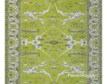 Lime Green, Ivory Oushak Rug 8x10 9x12 10x14 Turkish Rugs Handmade Wool Area Rug Living Room Bedroom Kid's Hallway Antique Hand Knotted Rugs