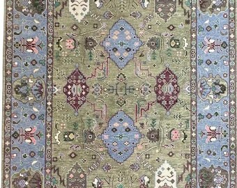 New Oushak Style Rug, Olive Green, Sky Blue 8x10 9x12 Turkish Rug Handmade 100% Wool Area Rug Home Decor Rug Best Design Hand-Knotted Rug