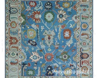 Antique Style Hand Knotted Rug l Blue and Grey 8x10 9x12 l Turkish Oushak Rugs for Living Room Home Decor Area Decor Rug Handmade Wool Rug