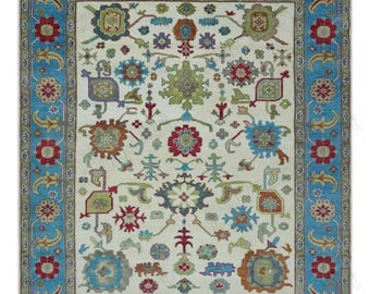 New floral Oushak Rug, Cream And Blue 8x10 10x12 9x12 Turkish Rugs Premium High quality Wool Area Rugs Antique Home Decor Hand Knotted Rugs