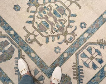 Hand Knotted Wool Area Rugs l Beige Blue and Grey 10x14 Turkish Oushak Rug Handmade Carpet Custom Rug Living Room Bedroom Hallway Rugs