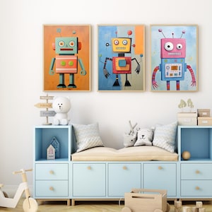 Set de arte mural de robots: pósteres coloridos para habitación infantil, láminas de robots para guardería, decoración STEM para niños y niñas, juego de 3 impresiones vintage para aula.