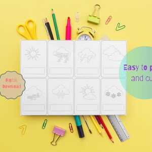 Weerkaarten voor kinderen digitaal gepersonaliseerd om in te vullen en geverfd, afdrukbare educatieve kaarten, montessorikaarten, voorschoolse activiteit