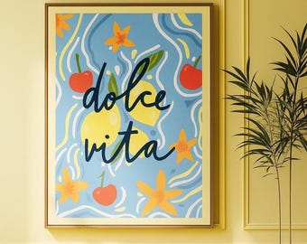 Dolce Vita Print - Mediterrane Früchte Wandkunst, Bunte Küchen Deko, Zitrone und Kirsche Poster, Italienische Sommer Vibes