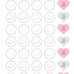 May include: A white chart with the text "IT'S time to get Potty" at the top. The chart features smiley faces in circles and heart-shaped "PRIZE" icons. The smiley faces alternate between pink and gray.
