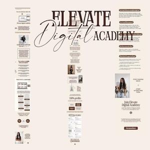 以下が含まれることがあります： Elevate Digital Academyのプロモーション用グラフィック。茶色とベージュの色合いでテキストと画像が表示されています。「ELEVATE Digital ACADEMY」の文字が大きく表示されています。追加のテキストには「STOP CHASING SALES. START ATTRACTING THEM.」が含まれています。