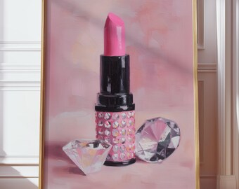 Rhinestone Lipstick Printable (Digital Download), Glam Makeup Wall Art, Coquette Beauty Decor, Pink Girly Vanity Painting