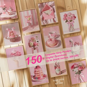 May include: A collection of framed pink art prints featuring coquette-themed illustrations. The prints depict various subjects, including flowers, desserts, and drinks. The text "150+ Coquette Girly Posters" is visible. The prints are up to 24x36 inches.