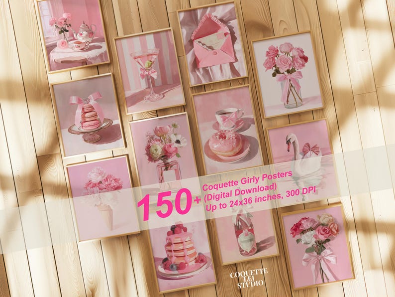 May include: A collection of framed pink art prints featuring coquette-themed illustrations. The prints depict various subjects, including flowers, desserts, and drinks. The text "150+ Coquette Girly Posters" is visible. The prints are up to 24x36 inches.