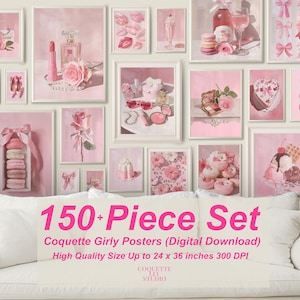 May include: A collection of framed pink art prints, including images of desserts, perfume, and bows, arranged on a wall. The text "150+ Piece Set" and "Coquette Girly Posters" is displayed on a white couch in front of the wall art.